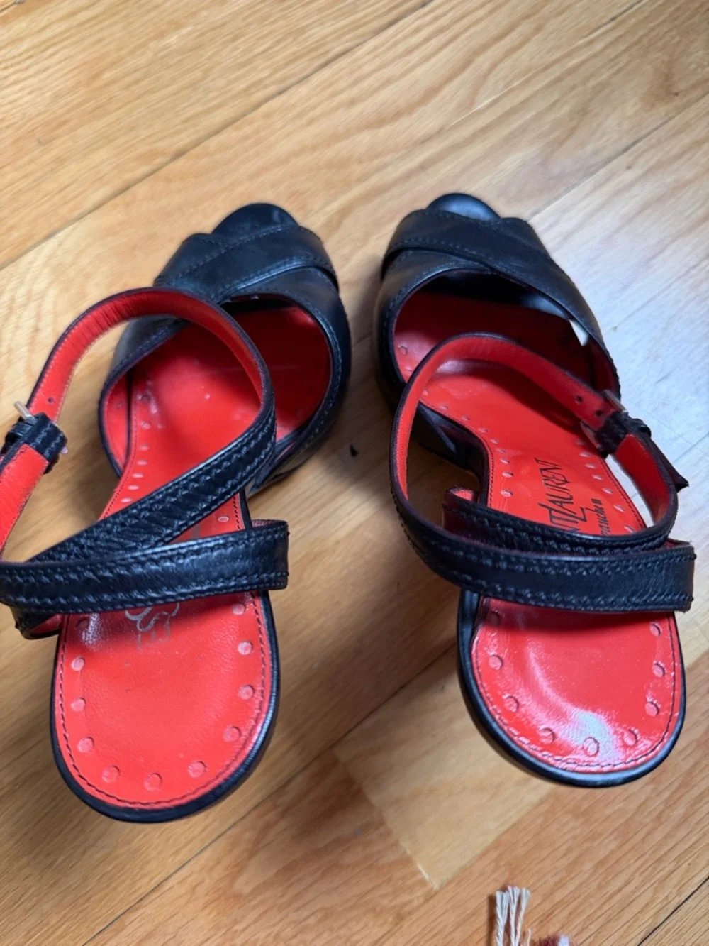 Saint Laurent Black Leather Crisscross Open-Toe Heels with Red Insole - Picture 6 of 6